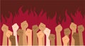Protesters hands. Multiracial fists hands up vector illustration. Concept of unity, revolution, fight, cooperation.